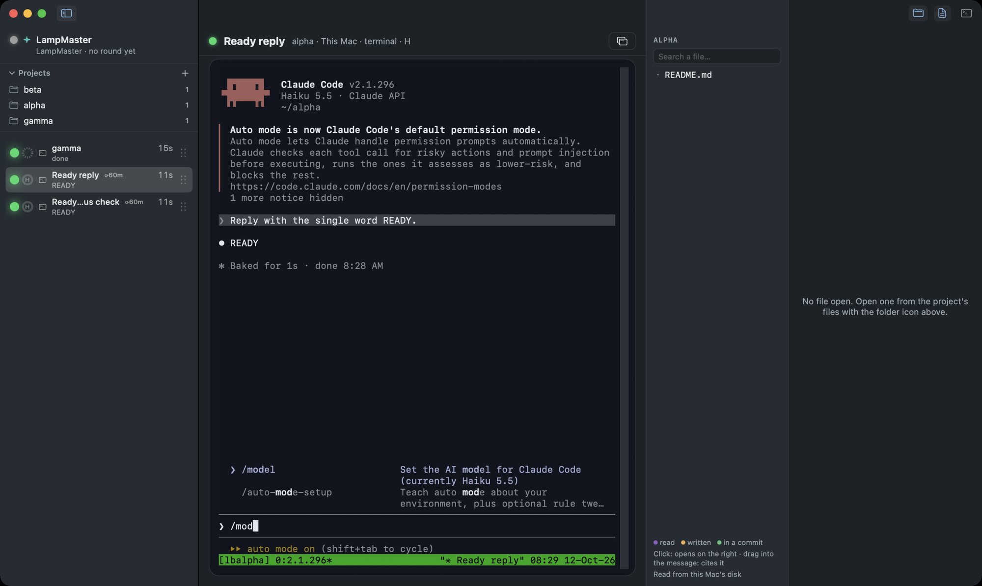 The Hub: the sessions and projects on the left, a session's terminal in the middle with Claude Code's command list open, the project's files on the right